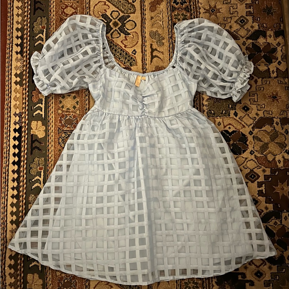 Evolutionary Apparel Light Blue Checkered/Grid Puff Sleeve Mini Dress